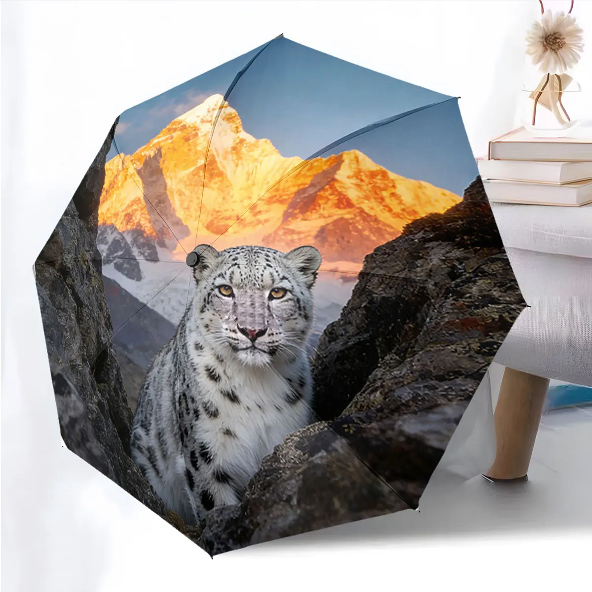 1PC Snow Leopard in Mountain Scenery Print 8 Iron Ribs Folding Umbrella Auto-Open Fashion Sunshade