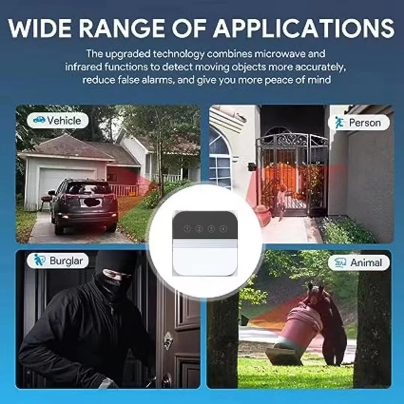 إنذار الممر بالطاقة الشمسية كشف الأشعة تحت الحمراء جرس الباب اللاسلكي 4-Way منطقة التعريفي عرض جرس الباب-ABJU
