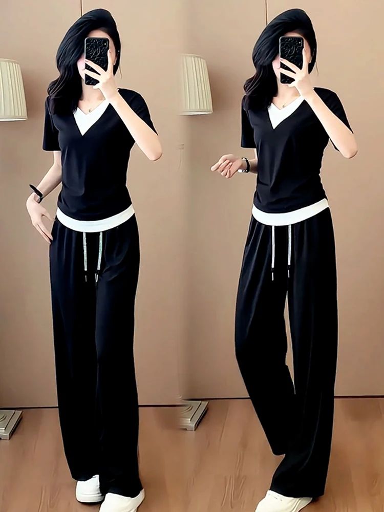 Damski letni zestaw sportowy, nowy, luźne spodnie z szerokimi nogawkami, dwuczęściowy komplet, dekolt w serek, bawełniane długie spodnie.