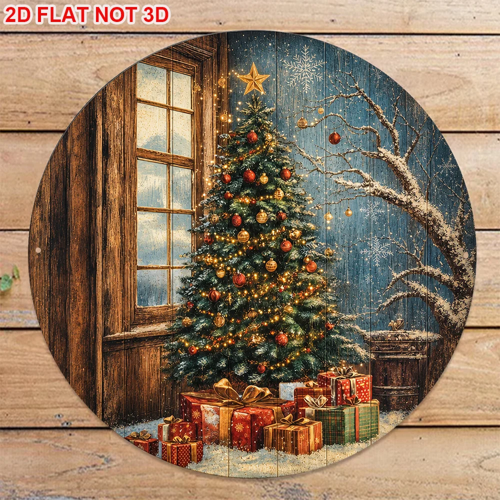 2D Flat, 1pc 8x8in/20x20cm 2D Flat Round Sign, Vintage Plaque Featuring Santa Claus and Christmas Tree, Christmas Decorative Sig