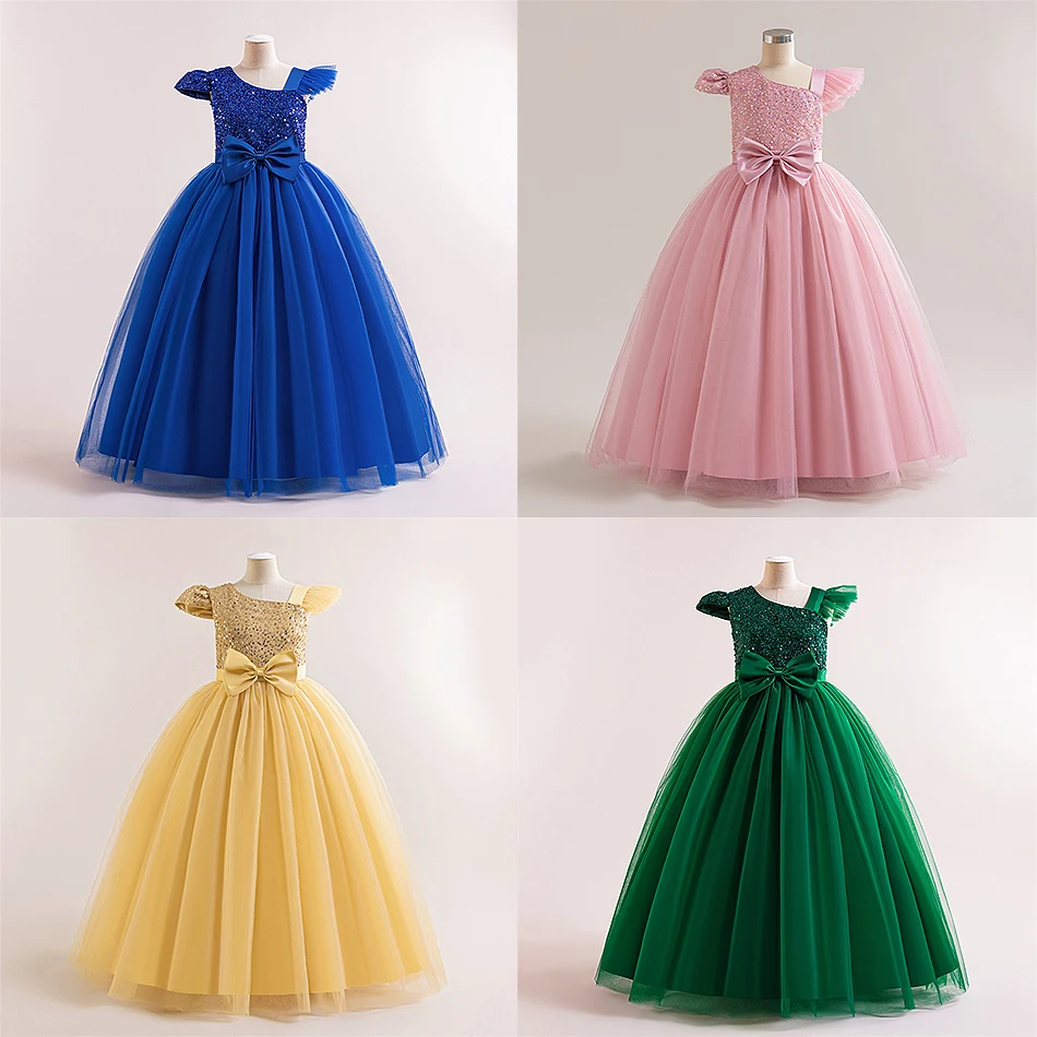 

Kids Wedding Performance Birthday Party Princess Dress Girls Elegant Solid Sequin Ball Gown Children Evening Clothing 13-16Y