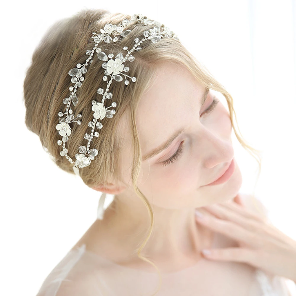 Two Strands Hairband With Ribbon Flower Headband For Wedding Crystal Beads And Alloy Flowers Elegant Bride Hair Wreath Communion