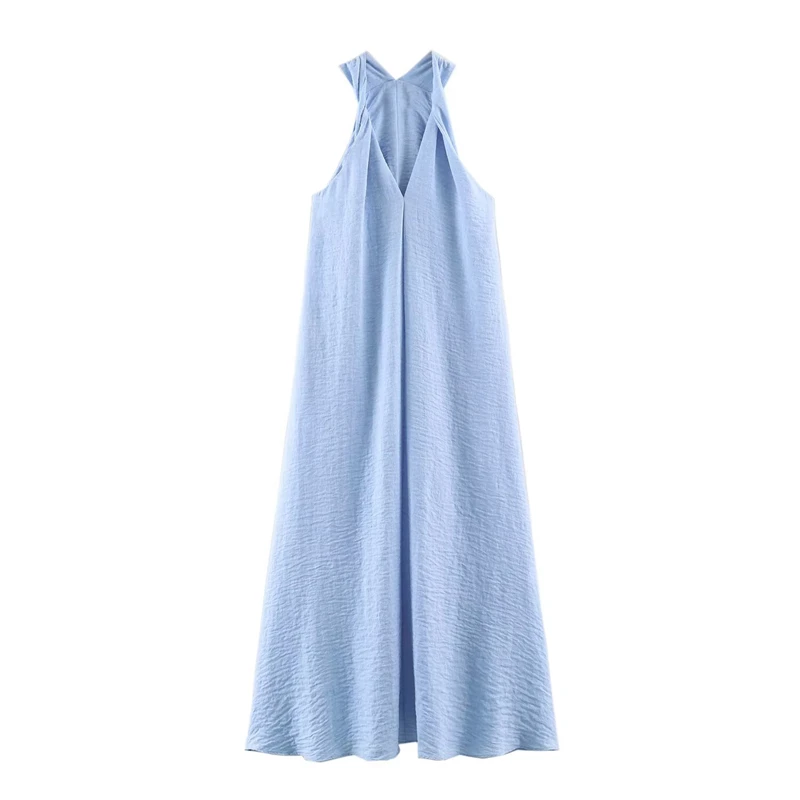 Vestido Largo de Verano para Mujer, Color Azul Cielo, Textura Arrugada, Cuello Halter, Espalda Descubierta, Tirantes Cruzados, Estilo Boho Holgado, Marca Guobioziy