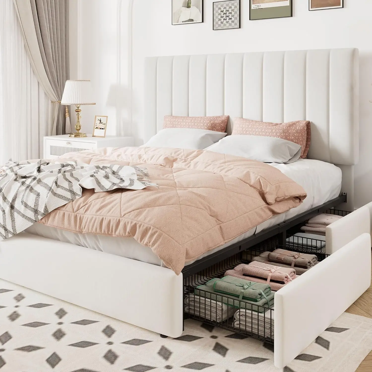 Allewie Full Size Storage Bed Frame, Vertical Channel Tufted Adjustable Headboard, Velvet Upholstered Platform Bed, Customized