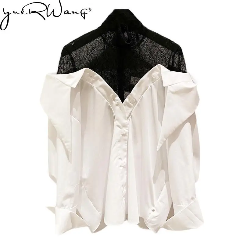 

yuerwang Women Shirt Asymmetry Lace shirts Patchwork White Blouse Long Sleeve Fake Two Color Matching Casual Shirt Tops 2022 New