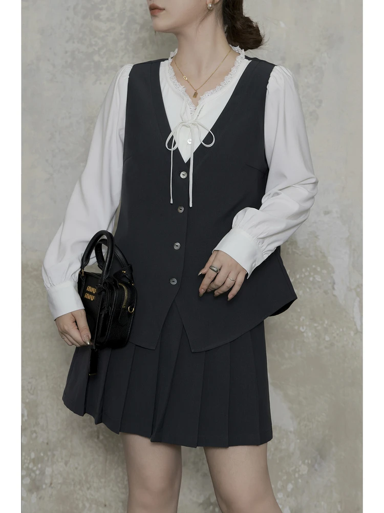 

plus Size Women's Faion Set Casual Sle Long Sve irt And A-Line Skirt Fake Two-Piece Vintage Vest Ensemble