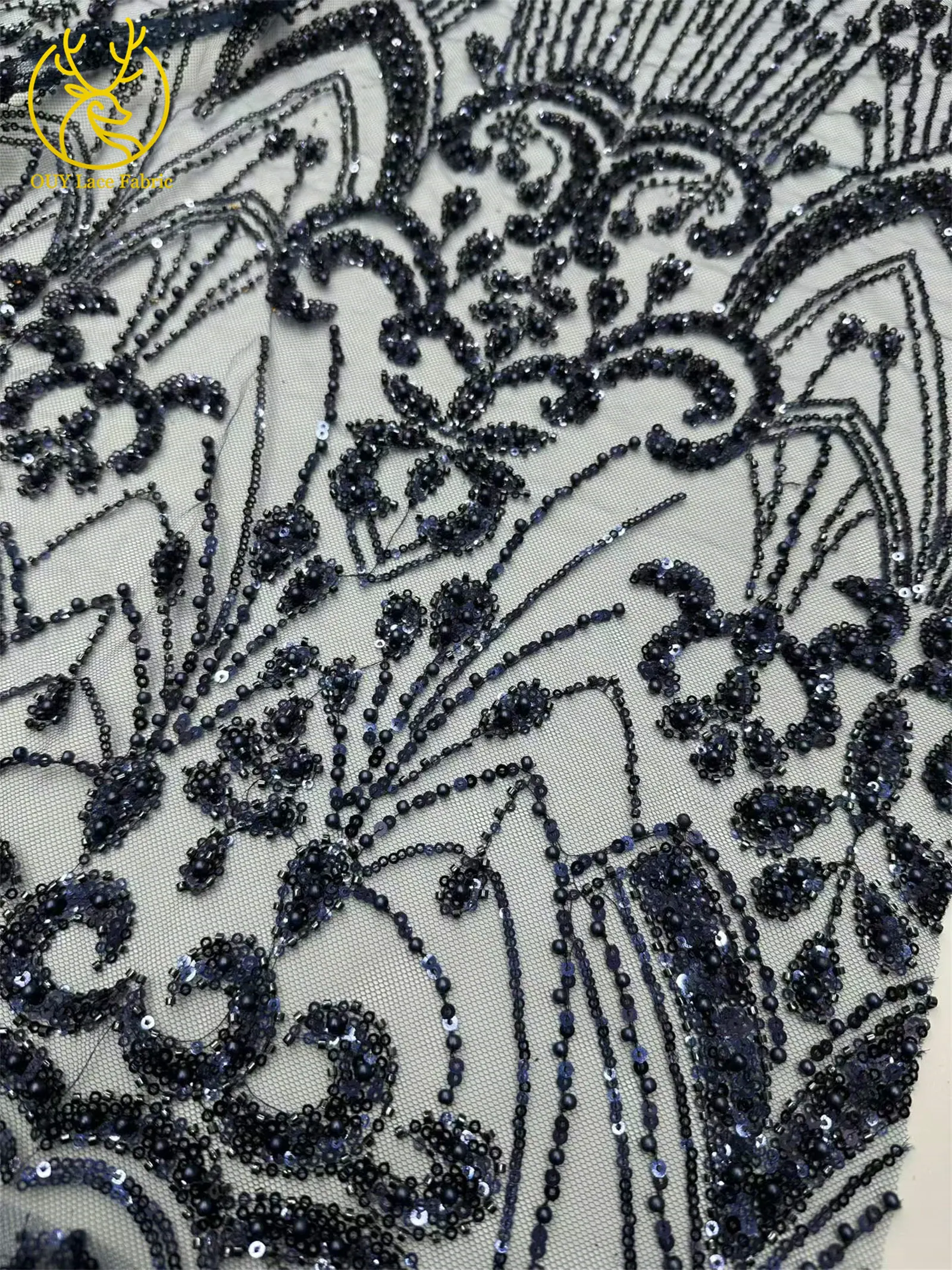 Goldener Luxus-Spitzenstoff mit Perlen und Pailletten, 5 Yards, afrikanischer Spitzenstoff, hochwertiger nigerianischer Netzspitzenstoff für Partykleider und Näharbeiten – Detail 27
