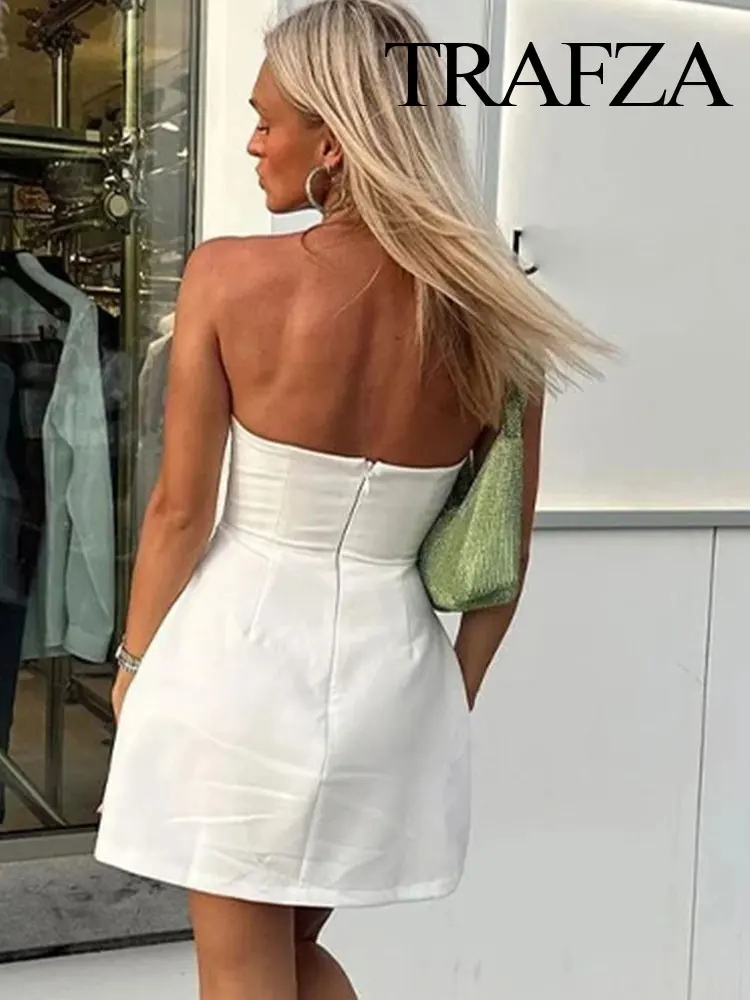 TRAFZA-minissaia sexy sem alças feminina, monocromática, vestido fino, roupa retrô, elegante, Street Wear, verão, 2022