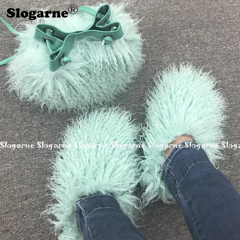 Women\'s Fashion Sets Fur Slippers Fur Handbags Woman Luxury Faux Fur Set Slides Furry Bag Purse Wallet Indoor Shoes Plus Size 49