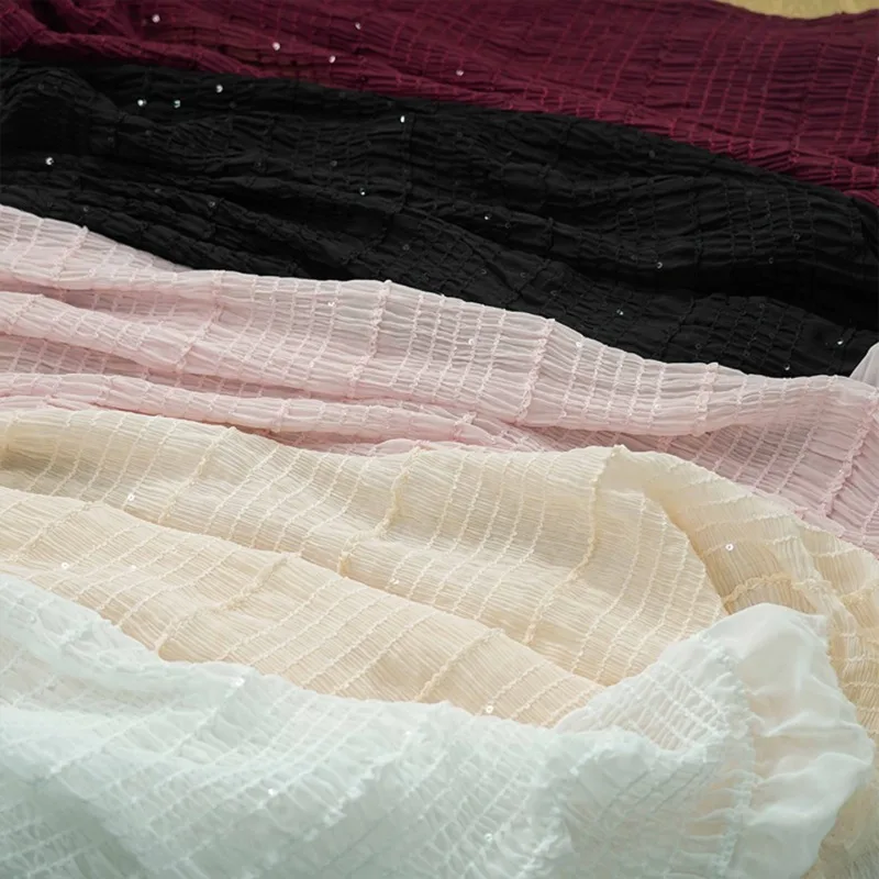 قماش شيفون جميل، قماش دانتيل مكشكش مرن بخطوط لامعة لفستان الزفاف، التنانير، البلوز، أزياء الرقص،