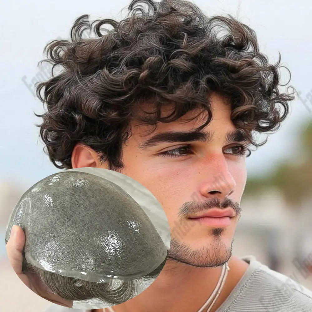 20MM Curly Durable Vloop Thin Skin 0.06mm Men's Capillary Prosthesis Natural Hairline Men's Toupee Blonde Grey Human Hair System