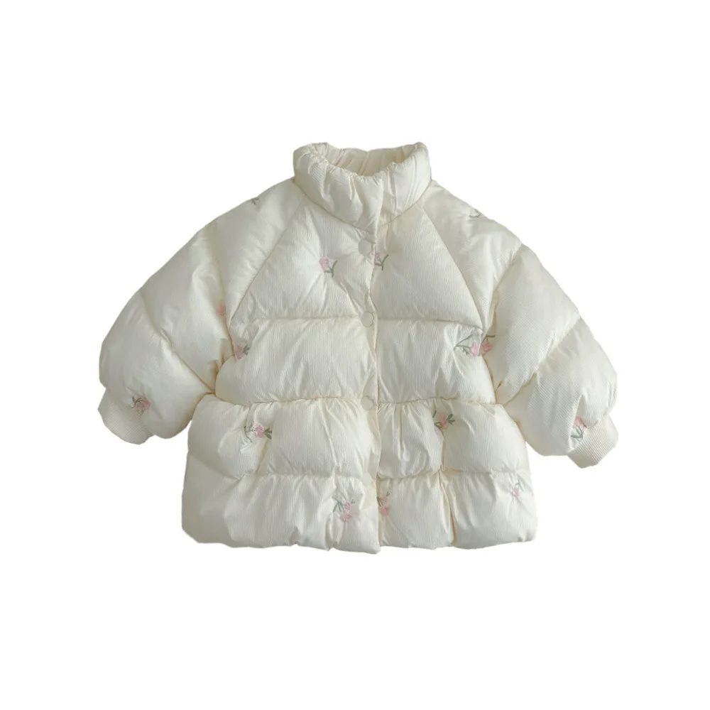 Girls Plush Cotton Quilted Coat Winter Sweet Princess Flower Embroidery Jacket For Baby Girls Thick Loose Infant Girl Parkas