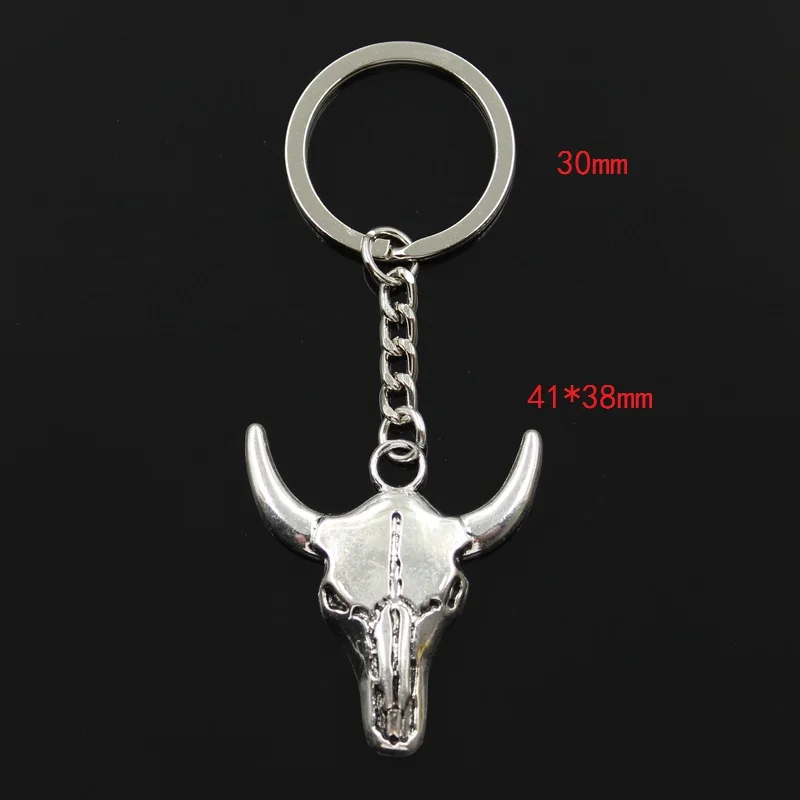 Fashion 30mm Key Ring Metal Key Chain Keychain Jewelry Antique Bronze Silver Color Plated Skull Bull Ox Head 41x38mm Pendant