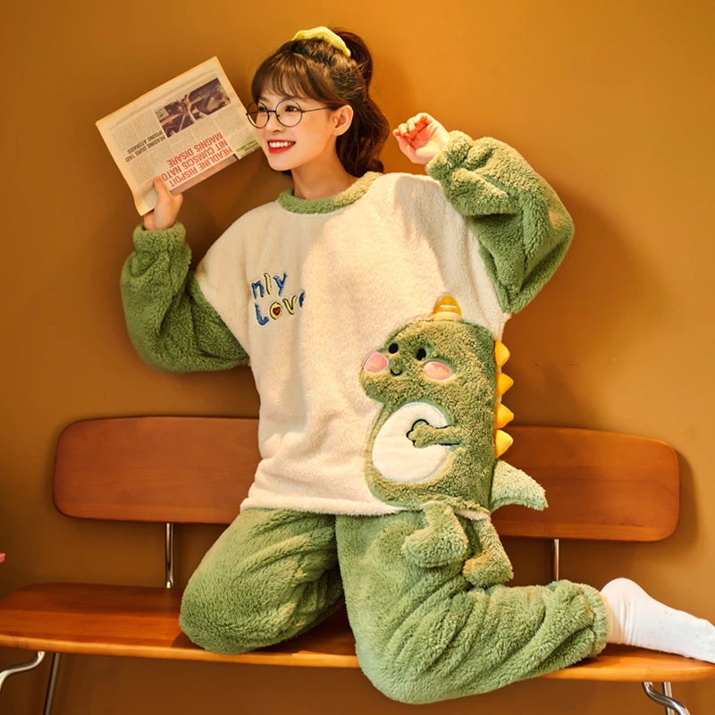 

Couples Pajamas Women Men Sleepwear Winter Thicken Suit Cartoon dinosaur Pijamas Sets Soft Warm Korean Pyjama Femme Lovers Set