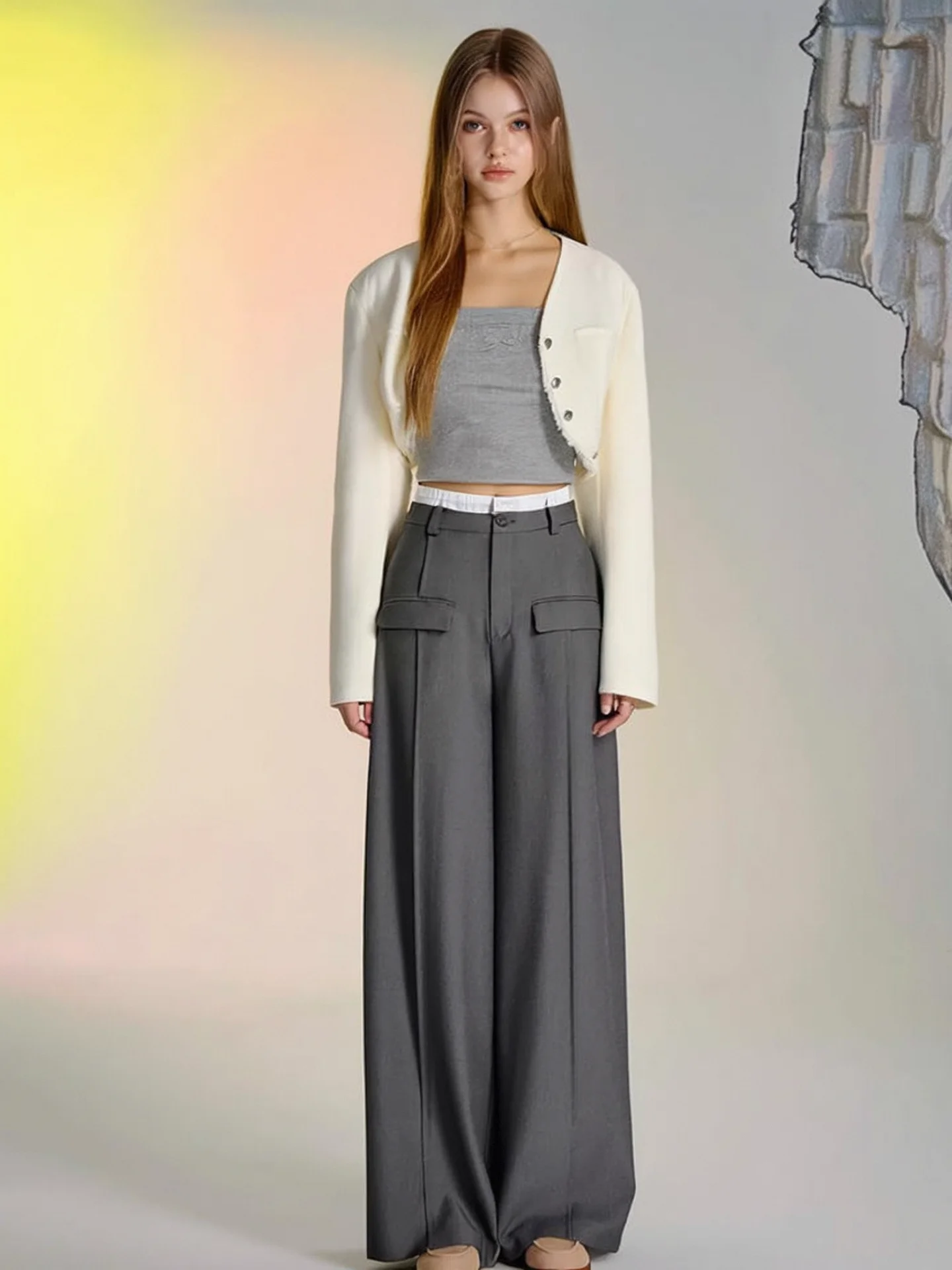HUAAPPUW Color Block Double Waist Casual Pants Draping Suit Pants High Waist Straight Leg Commute Style Summer New Arrival