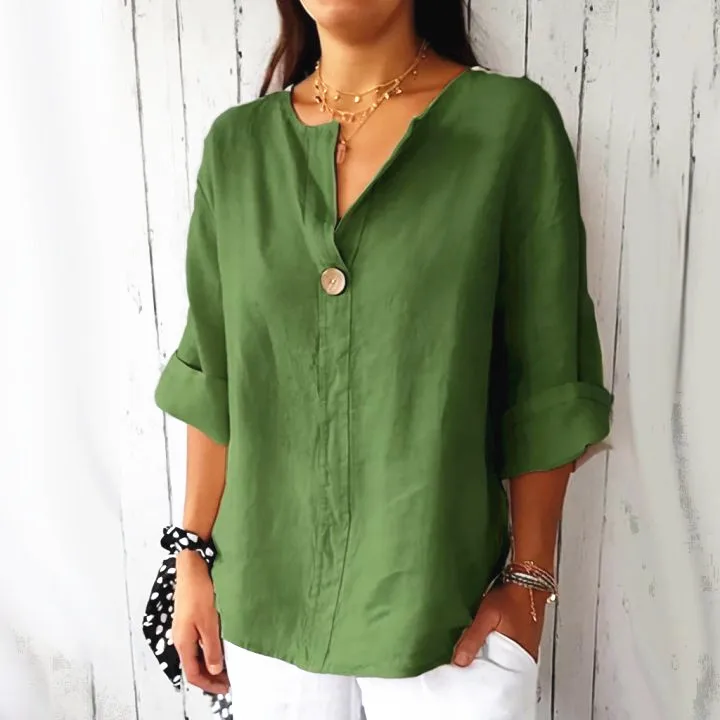 เสื้อยืดลำลองสไตล์เรโทรสำหรับฤดูร้อน เสื้อยืดหลวมใหม่สำหรับผู้หญิง คอวี ผ้าฝ้ายผสมป่าน ติดกระดุม เสื้อเบลาส์