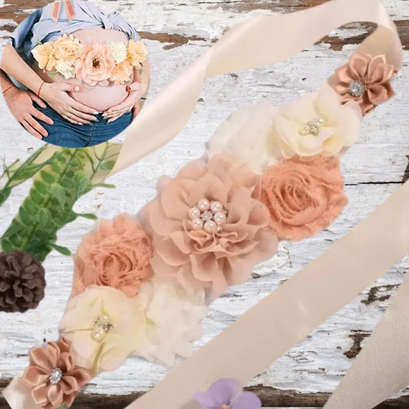 

Maternity Flower Belt Set Adjustable Khaki Chiffon Sash for Pregnancy Photoshoot Baby Shower Party Decor Bridesmaid Wedding