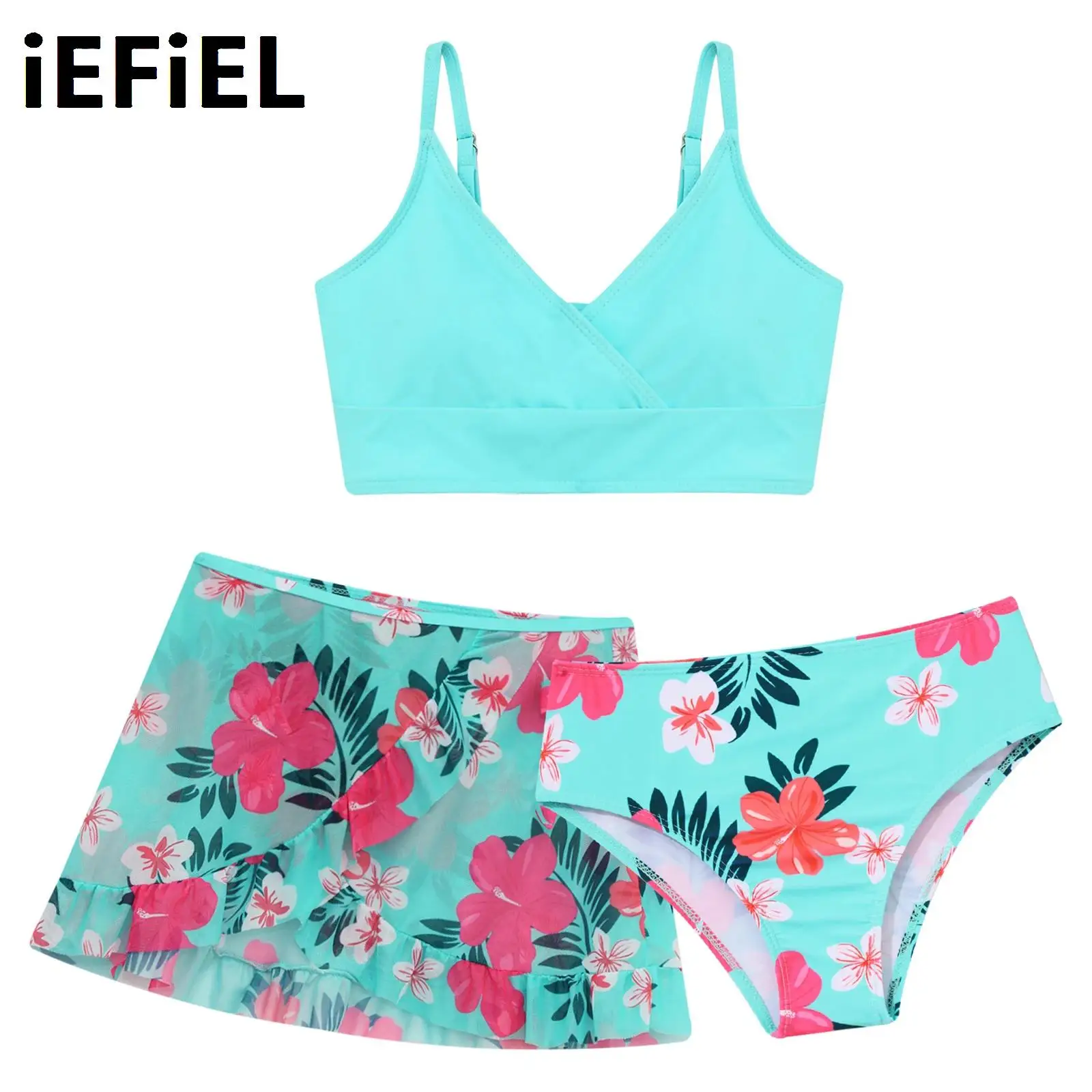 

Floral Print Swim Suit for Girls Bathing Suits with Cover Up Skirt Beach Surf Tankini Swimwear