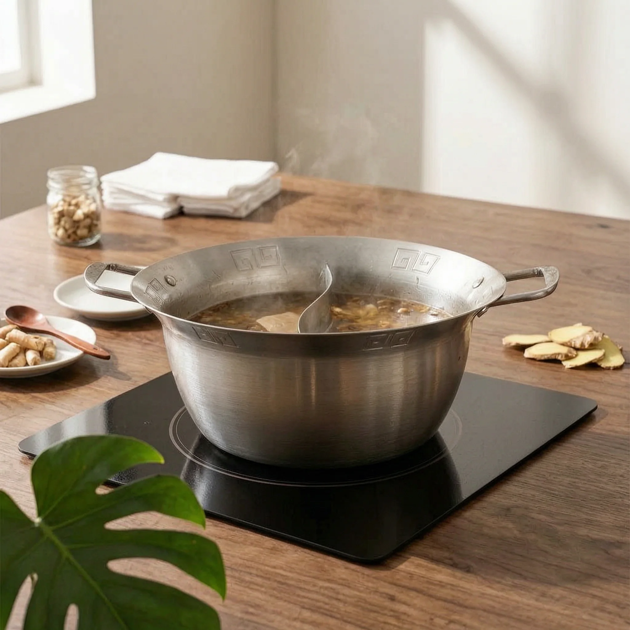 Two-Partcompartment Hot Pot Wide Flared Rim Divided Stainless Steel Hot Pot Easy to Clean Even Heating for Restaurant