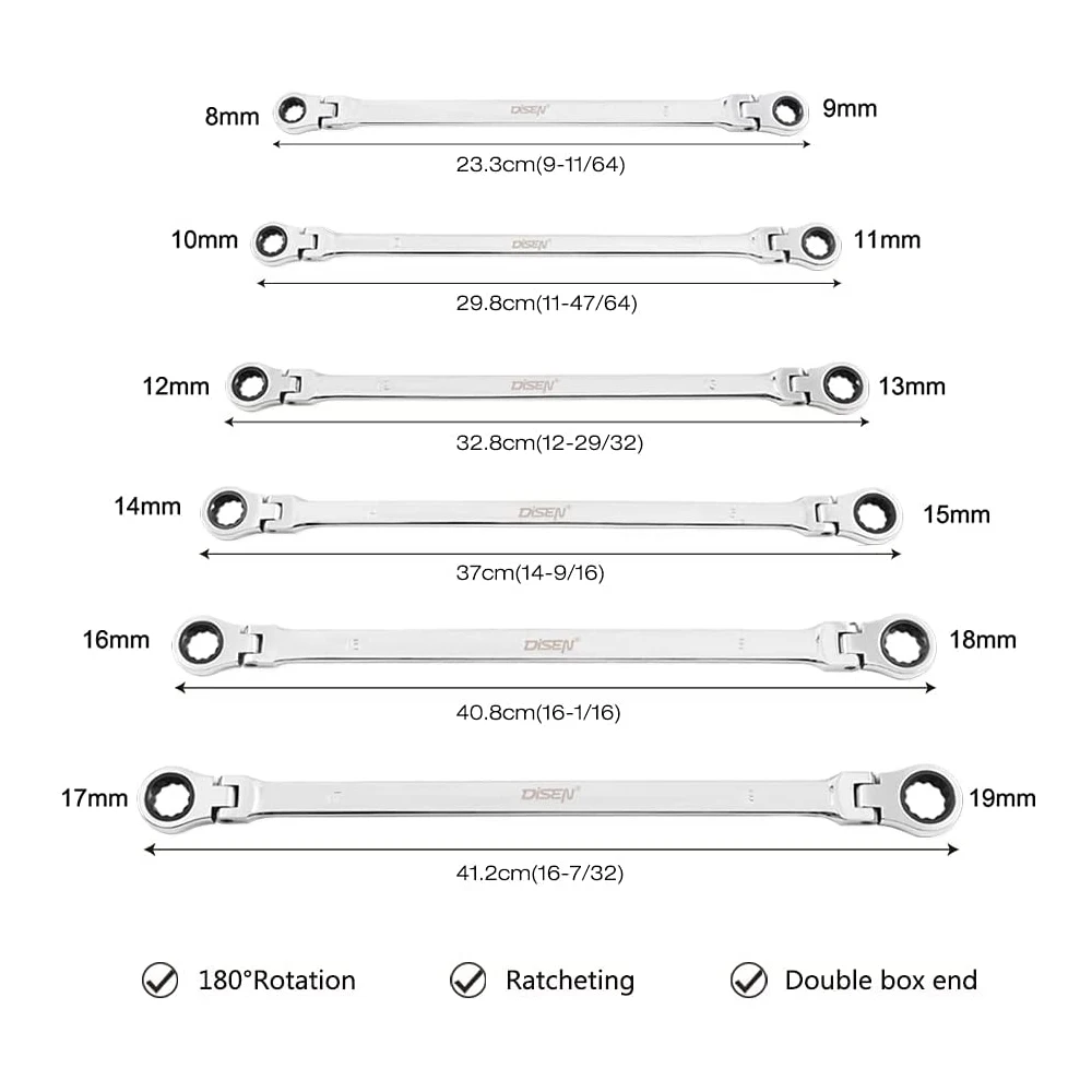 

exquisite craftsmanship 6-piece extra Long Flex Head Ratchet Wrench Spanner Set with Organizer Pouch