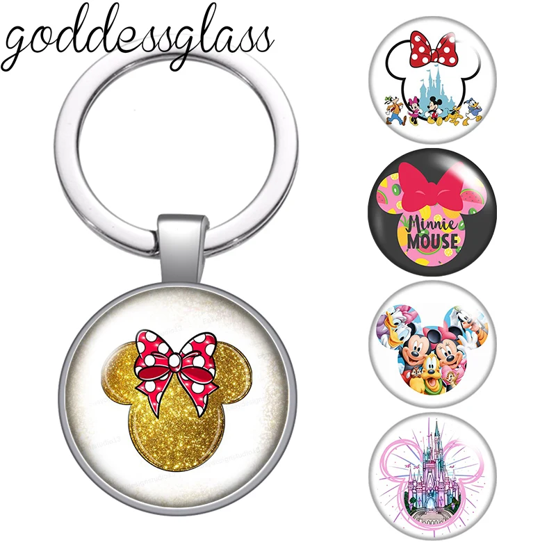 Disney Minnie mouse Face Cute Minnie Photo glass cabochon keychain Bag Car key chain Ring Holder Charms keychains gift