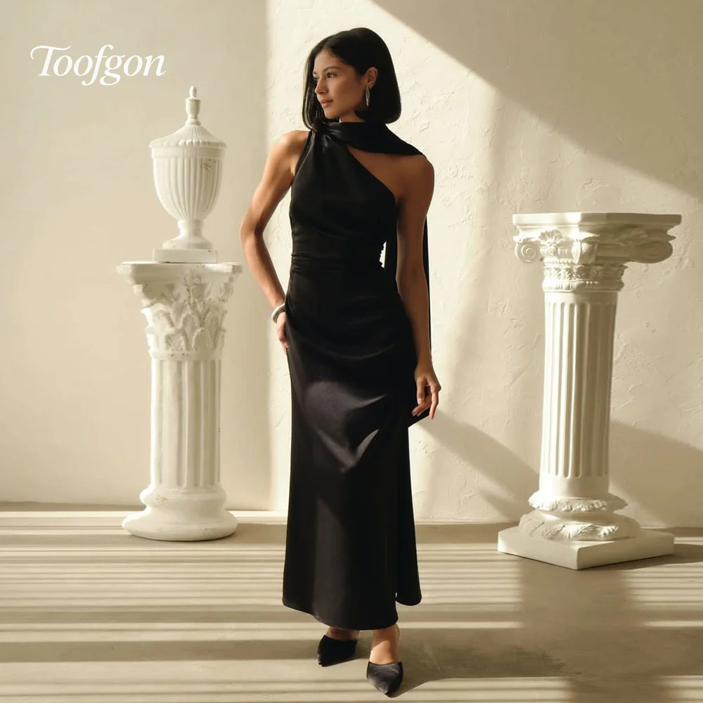 

Toofgon Halter Black Mermaid Prom Dresses Customized One Shoulder Silk Satin Evening Party Dress Women Special Occasion Gown