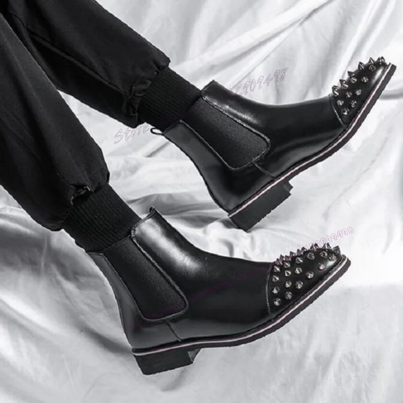 Black Rivet Decor Men's Chelsea Boots Matte Leather Round Toe Chunky Heels Luxury Shoes Runway Handmade Winter Shoes Big Size