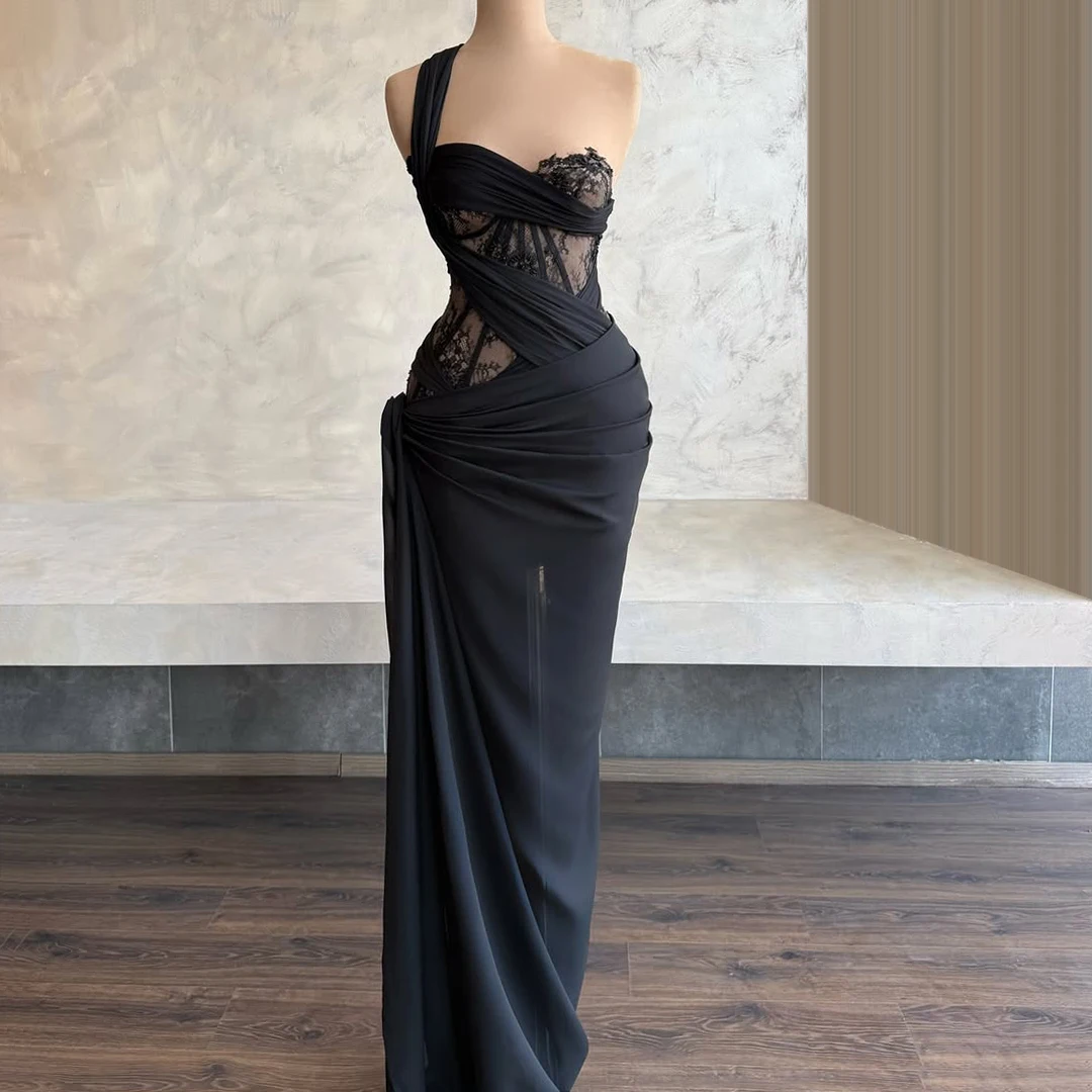 

Black Lace Dress Sexy Mermaid Dress Light Evening Dress Single Strap Maxi Dress Party and Holiday Dress Customizable