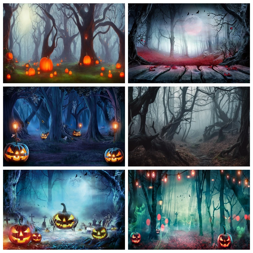 

Halloween Horror Night Moon Misty Dark Forest Photography Background Scary Ghost Pumpkin All Saints' Day Party Photo Backdrop