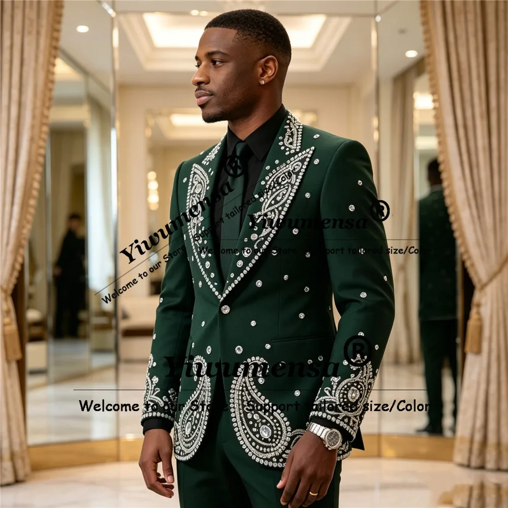 Sparkly Jewelry Stones Ornament Suit Men For Wedding Single Breasted Jacket Pants 2 Pieces Sets Groom Formal Wear Tuxedo Attires