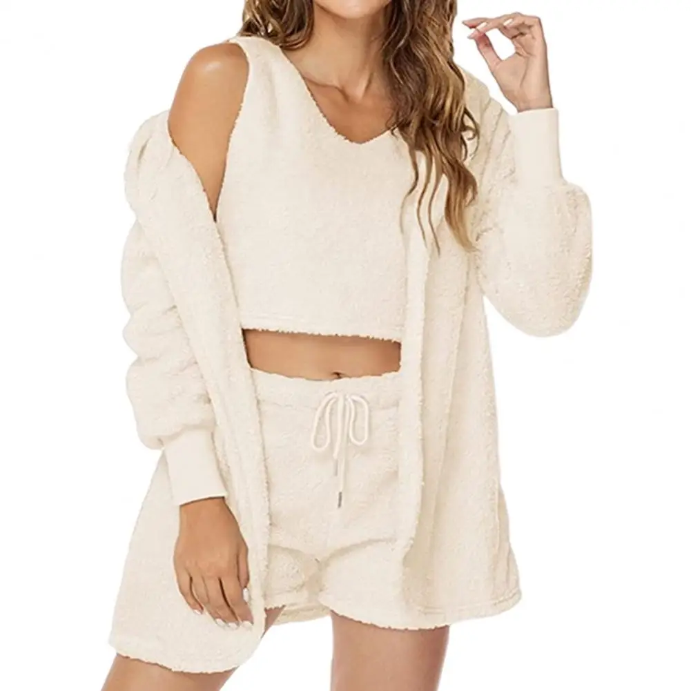 Conjunto de pijama feminino grosso com capuz, colete lounge e shorts, roupa caseira para outono e inverno, 3 peças por conjunto