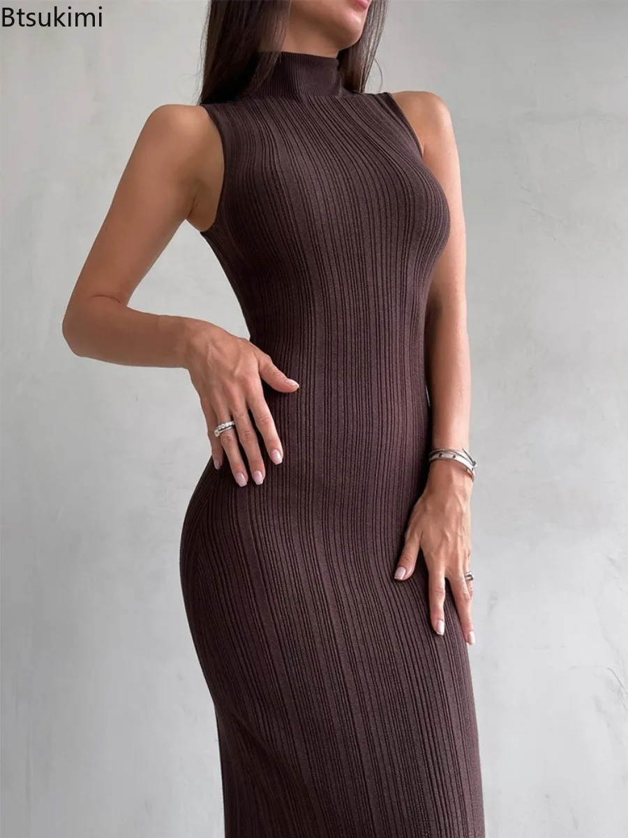 ผู้หญิงเซ็กซี่สไตล์ฝรั่งเศสชุดถัก 2025 ฤดูใบไม้ผลิฤดูร้อนคอเต่าแขนกุด Slim Elegant ชุดยาวชุดเดรสเข้ารูป