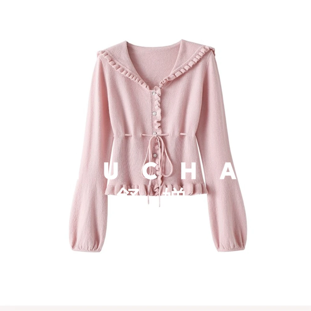 

Back Lace-up Fungus Edge 100% Pure Cashmere Cardigan Women's Sweater Knitted Sweater Autumn and Winter