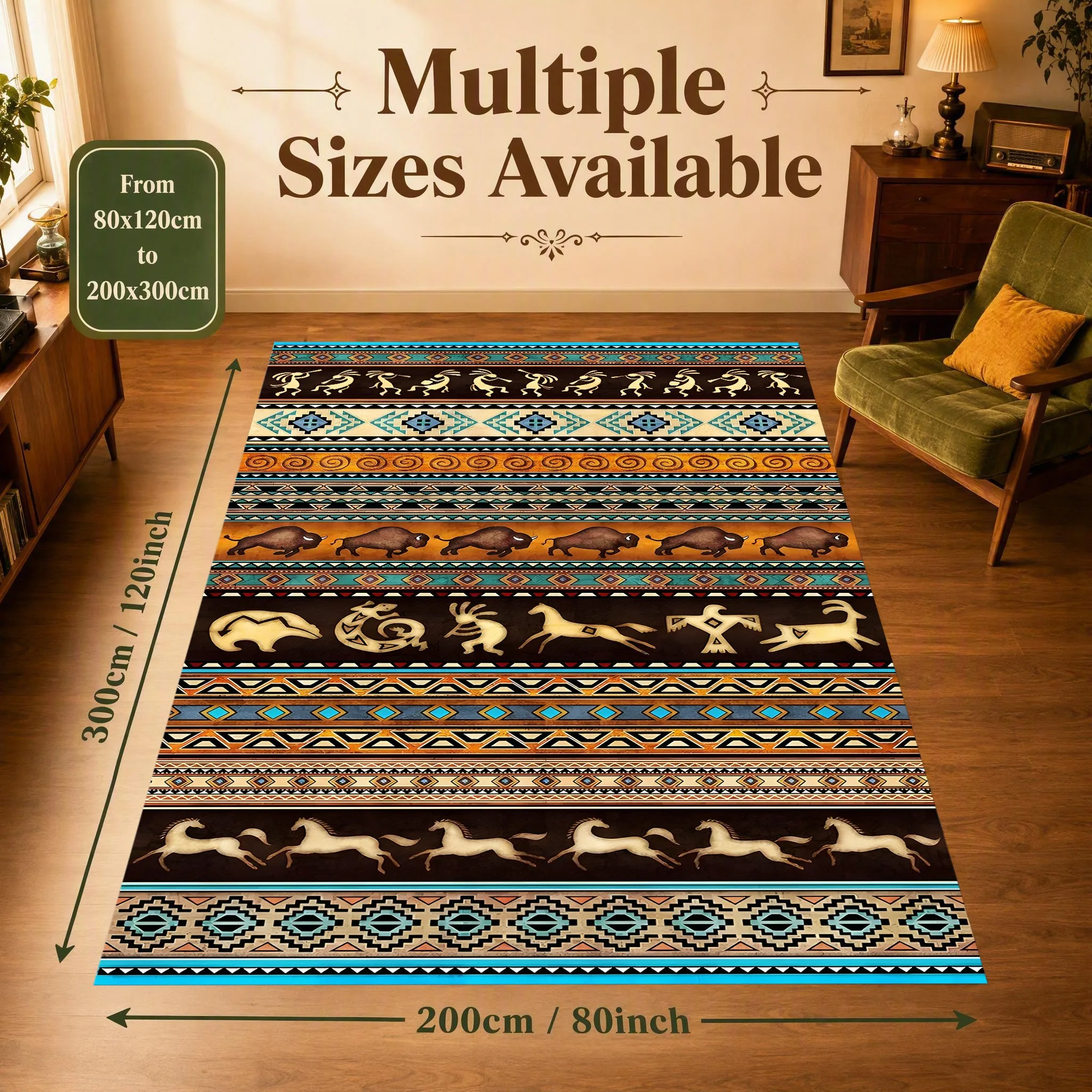 Large Area Rug with Ethnic Animal and Geometric Stripe Patterns, Vintage Exotic Style, Suitable for Living Room, Bedroom, Hotel