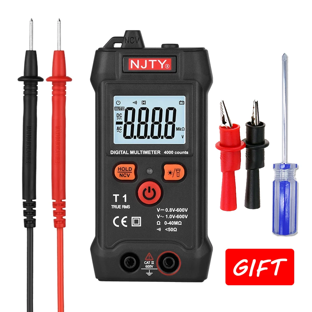 NJTY T1 Pocket Smart Mini Multimeter Digital Automotive Tester TrueRMS NCV 600VAC DC Voltage Tester Portable Electric Multimeter