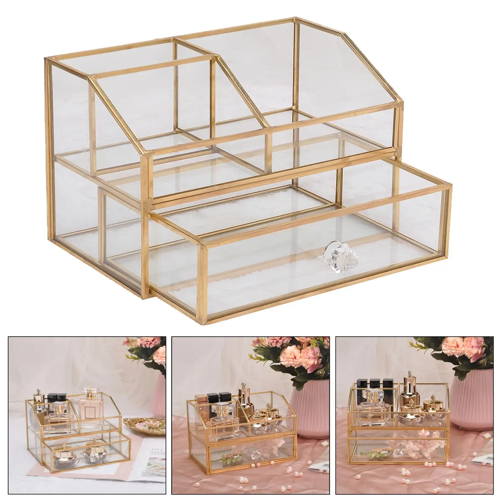 Caja de vidrio transparente de lujo, estuche de almacenamiento de joyería de Metal en tono dorado, soporte para lápiz labial, maquillaje cosmético, organizador con cajón