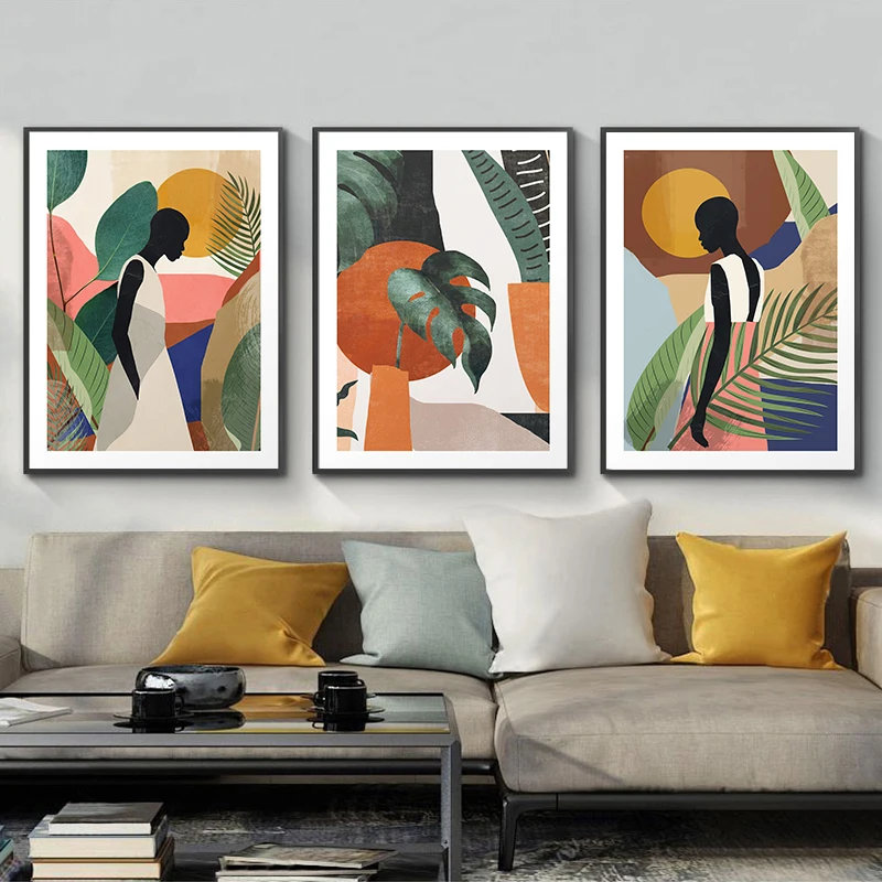 

3Pcs/Set Abstract Plant Flowers Black Woman Canvas Poster Wall Art Nordic Modern Living Room Home Decor Frameless