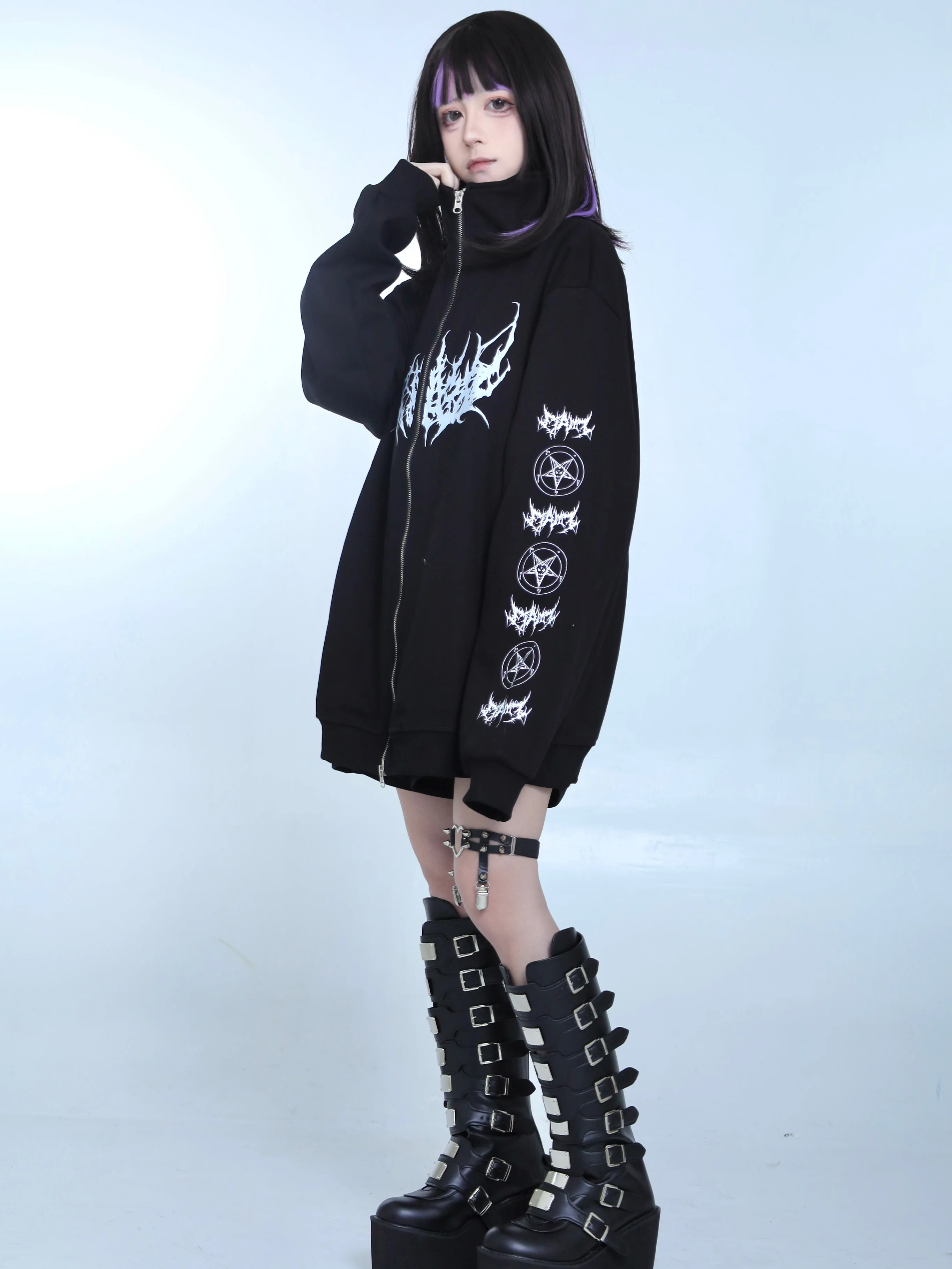 Japanese Mine Subculture Gothic Punk Harajuku Half Turtleneck Long-Sleeve Zipper Warm Fleece Sweatshirt Women Spring Autumn