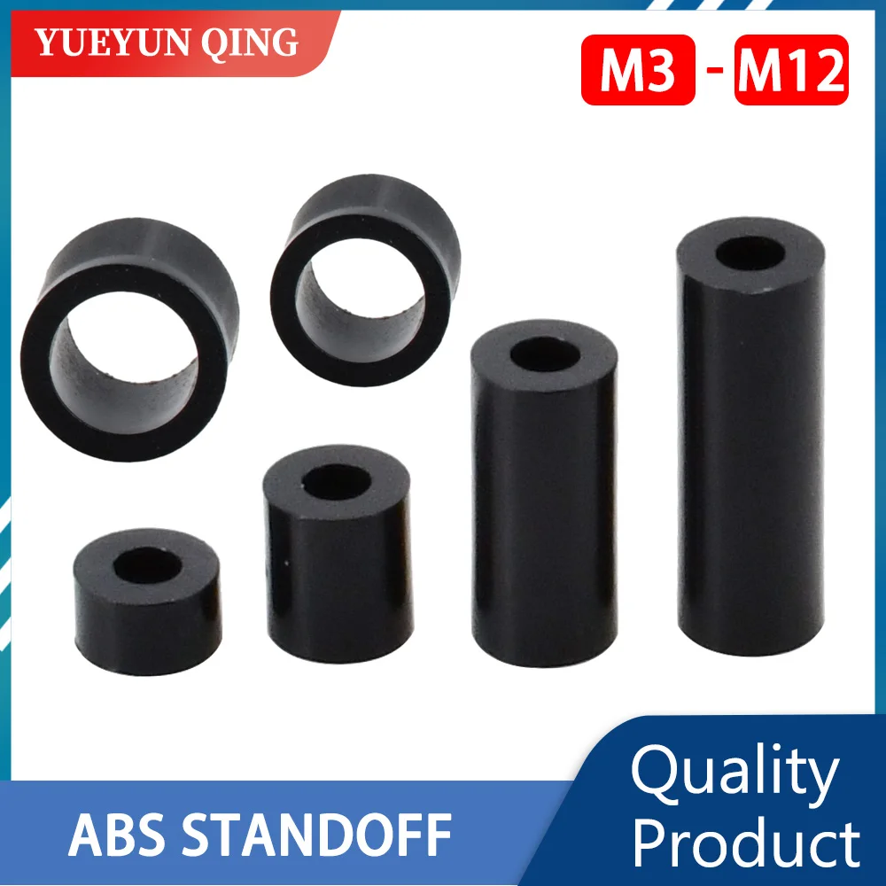 TV Install Spacing Bolt Screw Black ABS Hollow Standoff Round Non Thread PCB Board Support Washer Spacers M3 M4 M5 M6 M8 M10 M12 