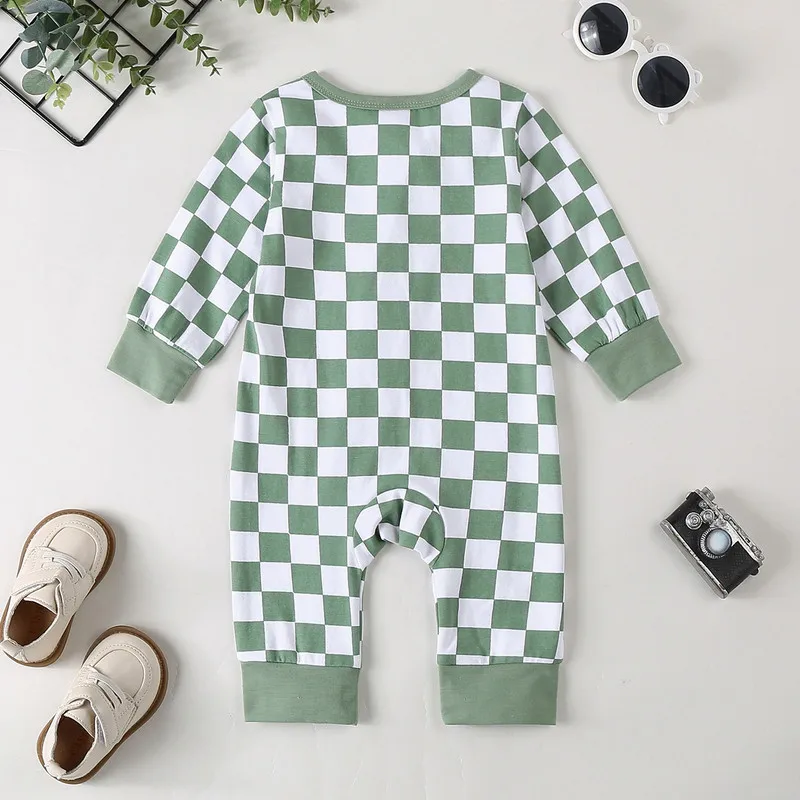 RUEWEY 0 to 12 Months Baby Girl Boy Checkerboard Romper Spring Autumn Clothes Round Neck Long Sleeve Full Length Zipper Jumpsuit