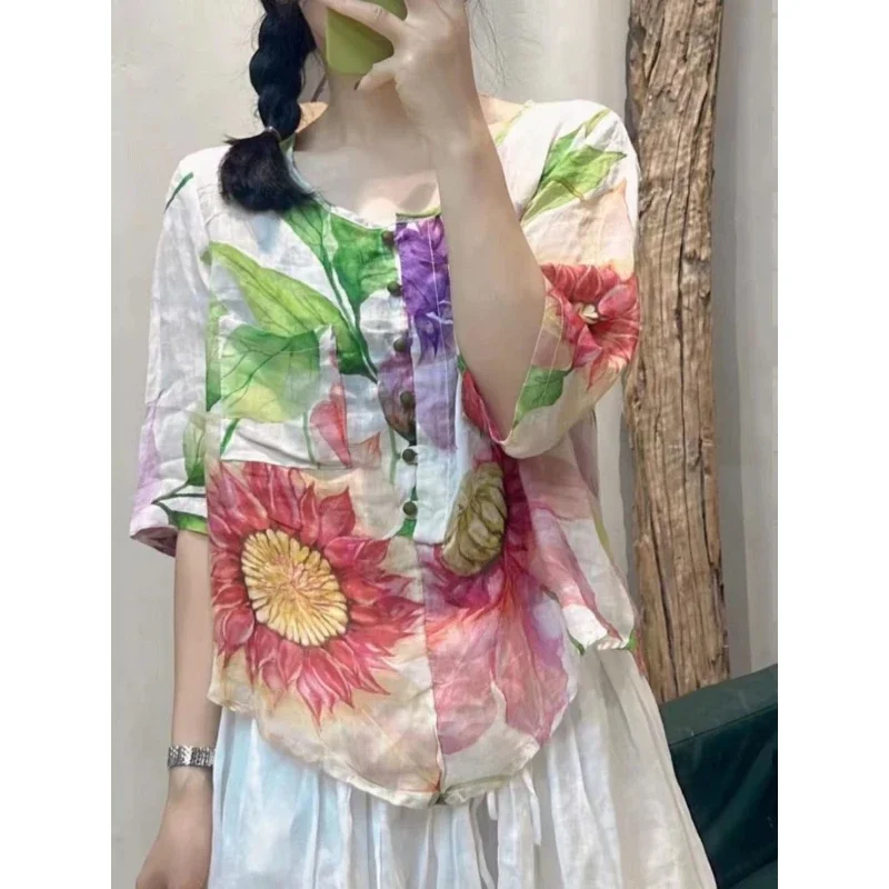 

Retro Digital Printed Cotton Linen Mid-sleeve Shirt Women Irregular Light Round Neck Pullover Five-point Sleeve Shirt Top XT1062