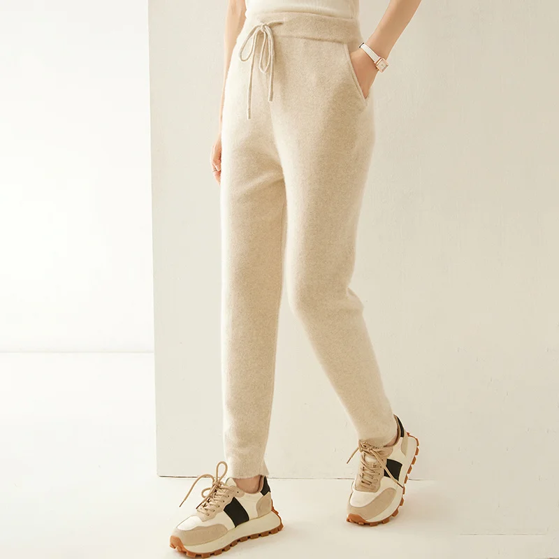 بنطال كشمير نسائي شتوي دافئ محبوك بخصر مطاطي وأربعة أرجل صغيرة مسطحة، سروال ناعم ومريح وعصري #6