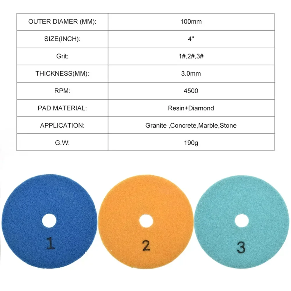 

3 Pcs 4-inch 100mm Dry/wet DiamondGrade 3 Polishing Pad Granitking:3mm Grit:1#/2#/3# Packing Weight:120g/4.23oz Pac