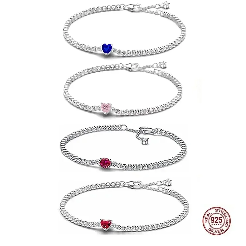 คลาสสิก 925 เงินสเตอร์ลิงผู้หญิงคลาสสิกรูปหัวใจสีแดงคริสตัล zircon สร้อยข้อมือโรแมนติกหมั้นเครื่องประดับของขวัญคนรัก