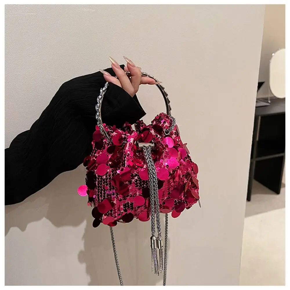 Fashion Women Sequin Shoulder Bag Mini Bucket Shiny Handbags Purses New Chain Crossbody Bags with Round Handle