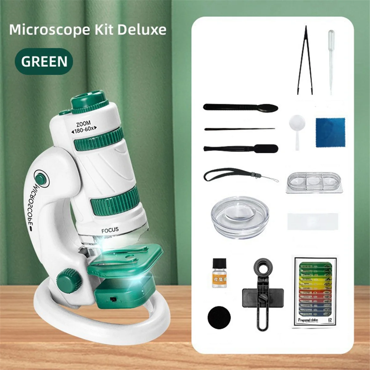 Kids Science Microscope Kit 60-180X Educational Mini Pocket Handheld Smart Phone Microscope with LED Light White+Green