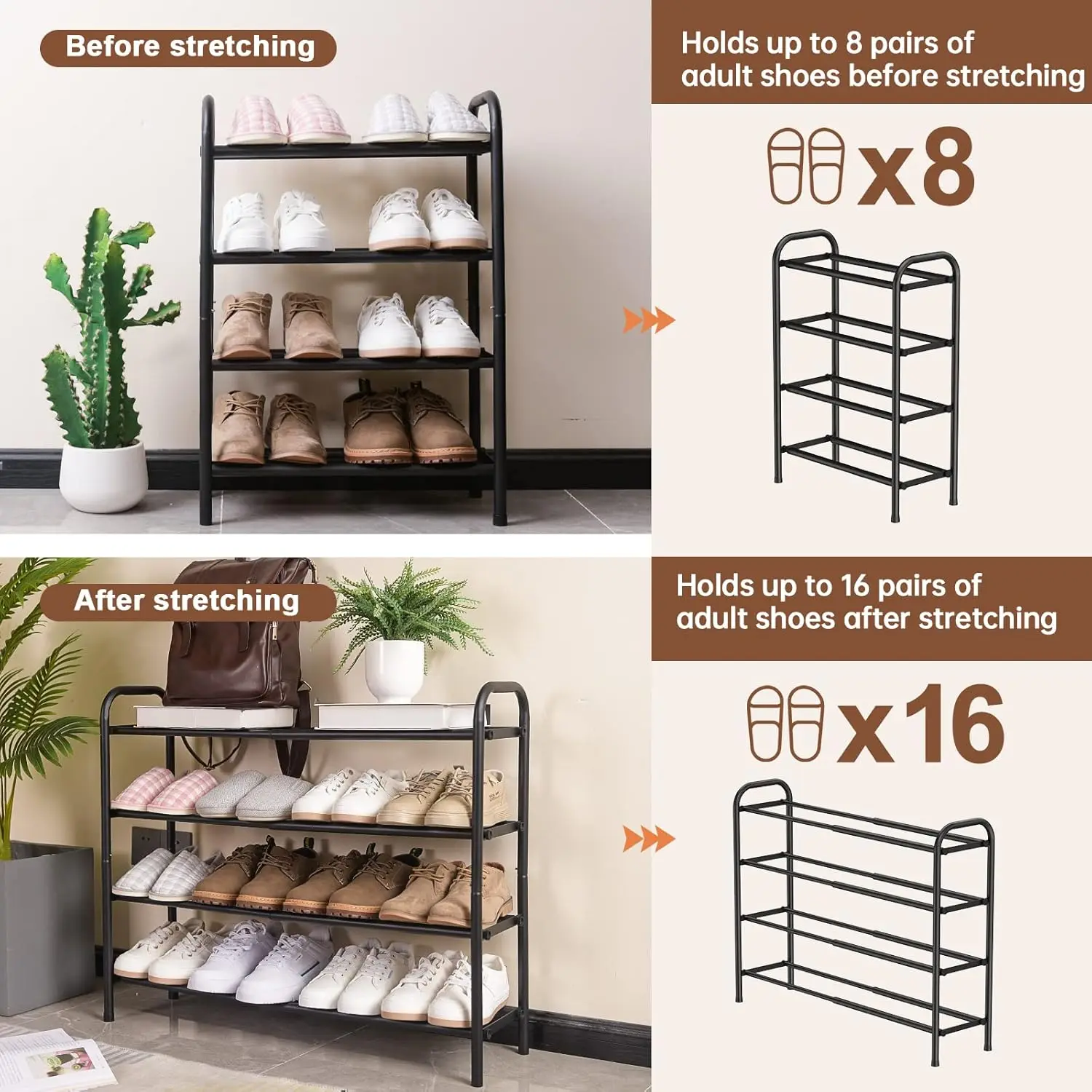 4-Tier Expandable Shoe Rack,Adjustable Shoe Shelf Storage Organizer Heavy Duty Metal Free Standing Shoe Rack for Entryway