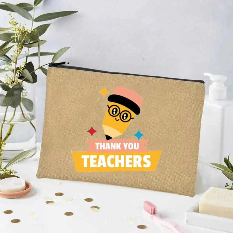 Thank You Teacher Print Linen Toiletry Bag Organizer Perfume Lipstick Cosmetic Bag Office Supplies Pencil Bag Teacher's Day Gift