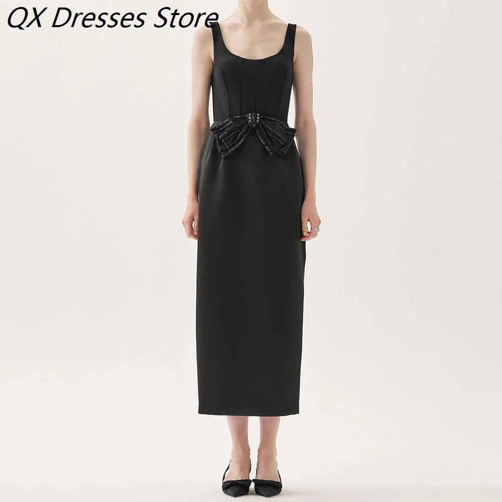 

Women's Straight Evening Dresses Tea-length Scoop-neck Sleeveless Prom Dresses Fashion Bow Crystal Backless Customized Gowns