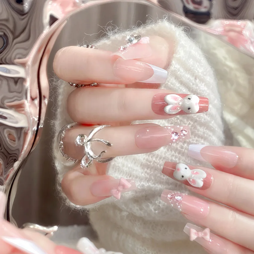 24pcs Kawaii Cartoon Rabbit Press On Nails Bowknots Diamond Decor Mid-length Coffin False Nail White French Blush Pink Fake Nail view 2